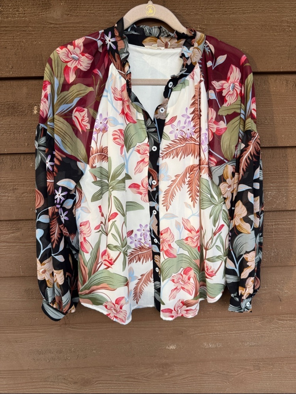 JODIFL Black Top with Mustard & Soft Pink Floral Trim